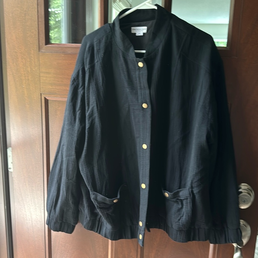 Women’s brand new Chic Soup jacket. Black with gold button accents. Size 2x.